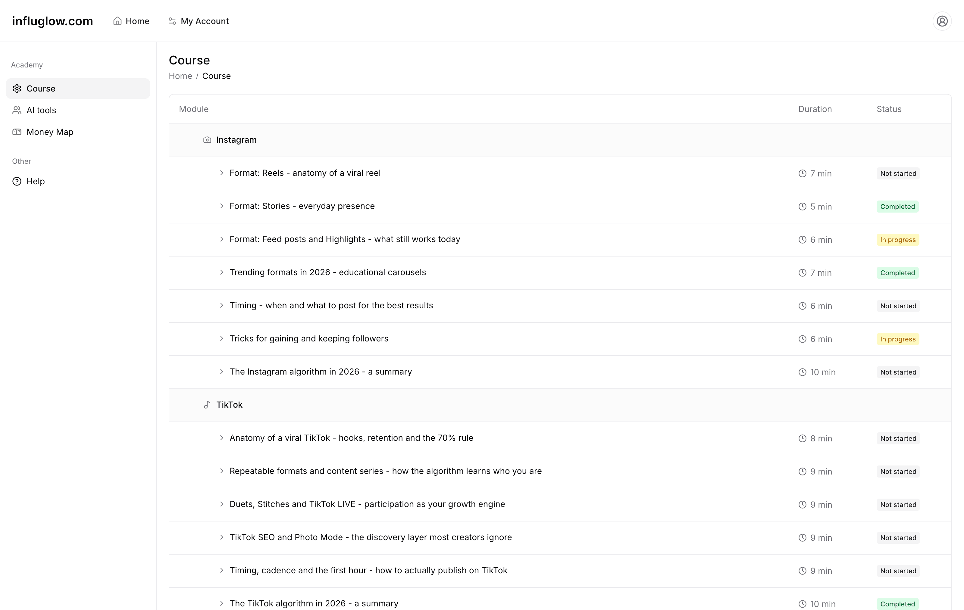 influglow course interface showing the lesson list and the Instagram module